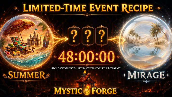 The image features two different posters for a limited-time event called "Limited-Time Event Recipes". One poster displays an orange background with a castle, palm trees, and a beach scene, while the other has a desert landscape with a mirage effect. The first poster is titled "Summer" and the second one is labeled "Mirage", both of which are related to the event's theme. The posters also contain text that reads "Limited-Time Event Recipes 48:00:00" and "Focus on what is in the image".