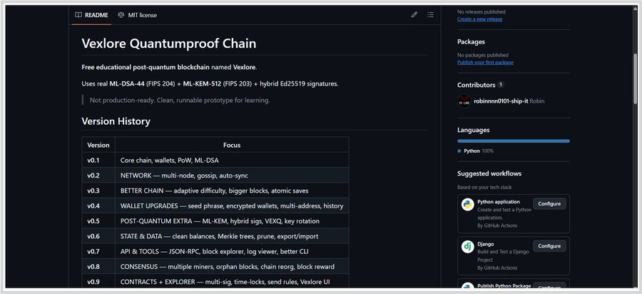 A GitHub repository page for 'Vexplore Quantumpproof Chain', a free educational post-quantum blockchain, showing its README, version history (v0.1 through v0.9), and contributor info.