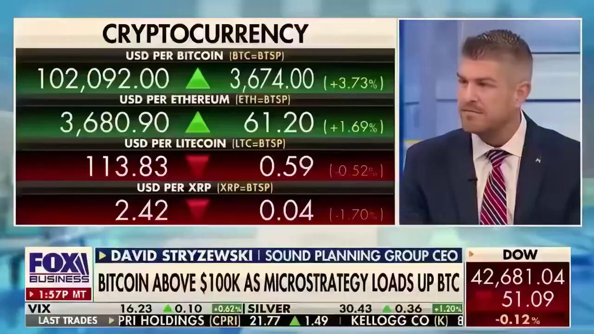 The image shows a financial news show with the number $XRP being used as the currency for transactions. The TV screen displays an interview between two men where one of them, dressed in a suit, mentions that the bank is utilizing $XRP in its internal transaction processing system. This suggests that the viewer has access to real-time information about the latest financial events or news related to Bitcoin and cryptocurrency markets.