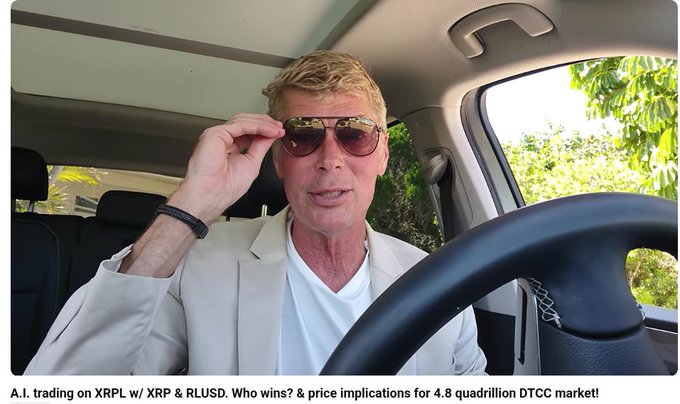 A man in sunglasses and a beige jacket sitting in a car, with a caption reading 'A.I. trading on XRPL w/ XRP & RLUSD. Who wins? & price implications for 4.8 quadrillion DTCC market!'.