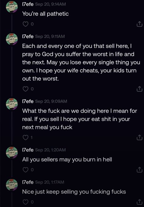 A screenshot of several angry messages from user "i7efe" posted on September 20th, containing hostile and vulgar comments aimed at sellers, which contrasts ironically with the post describing a fellow user casually admitting to selling just $10 worth of stock.