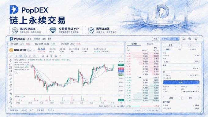 PopDEX perpetual DEX trading platform interface displaying BTC-USDT chart at $64,966 with a promotional banner highlighting 0.04% low fees (-0.04% market average) and transparent order book access. The image illustrates the post's emphasis on calculating total trading costs, showing key features like the order book, market depth, and trade panel that traders would use to evaluate fee savings when comparing perpetual DEX platforms.