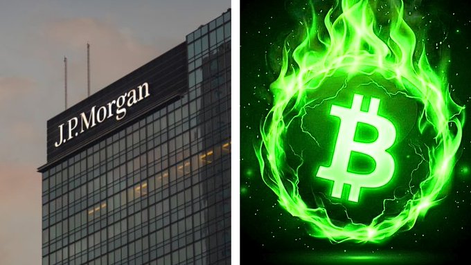 A split image showing the JPMorgan Chase building on the left and a glowing green Bitcoin symbol surrounded by flames on the right.