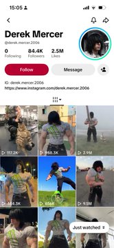 A TikTok profile page for "Derek Mercer" (@derek.mercer.2006) shows 0 following, 84.4K followers, and 2.5M likes, featuring a grid of workout videos. The accompanying post suggests accounts like this one can only profit through scams or courses, as their audiences lack the credibility to attract brand sponsorships.