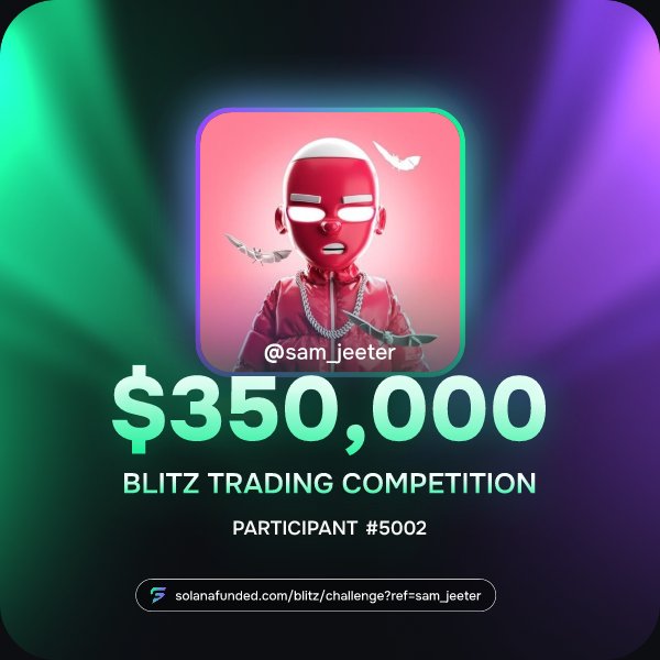 The image features a post about a $350k trading competition and someone claiming their account won. The poster has a graphic of a red figure wearing sunglasses with an airplane attached to its head, standing next to a sword held at the ready. In front of the figure is a dollar sign and the words "Solana" and "ChallengeRefresman", suggesting that the event was sponsored by Solana Foundation. The post also states that two weeks have passed since the competition started, and if someone wants to claim their account, they can do so for $350k.