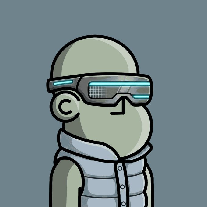 A cartoon illustration of a green-skinned character wearing futuristic cyan-lit visor glasses and a puffy vest.