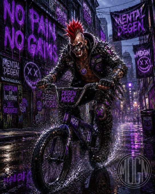 The image features a man riding a bicycle through a city, with graffiti-covered buildings surrounding him. The scene includes various texts such as "No pain. No gains." and "No sleep. More chains. We evolved. #Solana #Crypto #BTC #Memecoin #NFT #DeFi #Trading #Web3 #Degens #MentalDegens". These texts seem to be related to the post, which is about mental strength and resilience in the face of challenges or obstacles.

The man on the bicycle appears to be a character from a video game, wearing a red spiked jacket and riding a purple bike through the city streets. The graffiti-covered buildings provide an urban backdrop for this scene, emphasizing the theme of overcoming adversity and finding strength within oneself.