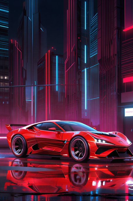 A red sports car parked in a neon-lit cyberpunk city street at night, with its reflection visible on the wet pavement.