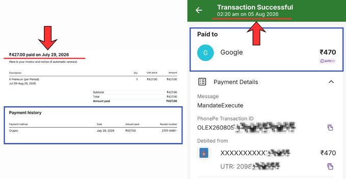 Two screenshots showing payment confirmations: one for X Premium at ₹427 paid on July 29, 2026, and another showing a ₹470 transaction to Google via PhonePe on 05 Aug 2026.