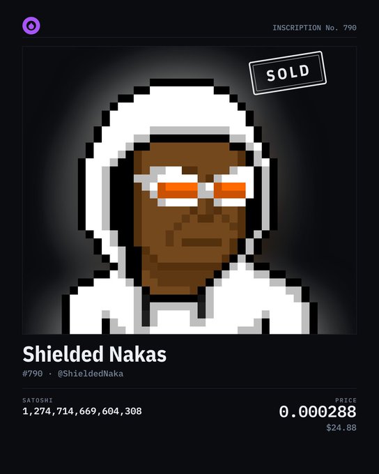 A sold inscription (#790) titled 'Shielded Nakas' (@ShieldedNaka), a pixel-art portrait of a figure in a white hoodie with orange sunglasses, priced at 0.000288 BTC ($24.88) with a satoshi value of 1,274,714,669,604,308.