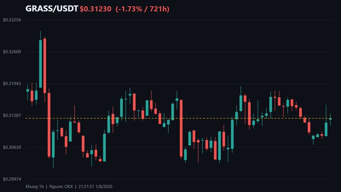 A candlestick chart for GRASS/USDT showing a price of $0.31230 with a 1.73% decrease over 721 hours on OKX.