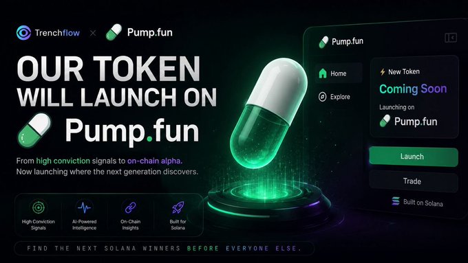 A promotional graphic announcing that Trenchflow's token will launch on Pump.fun, featuring a glowing green pill capsule and details about high conviction signals, AI-powered intelligence, and on-chain insights built on Solana.