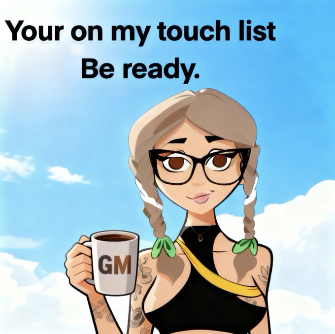 An illustrated avatar of a woman with glasses and braids holds a 'GM' coffee mug against a sky background, with text stating 'Your on my touch list Be ready.'