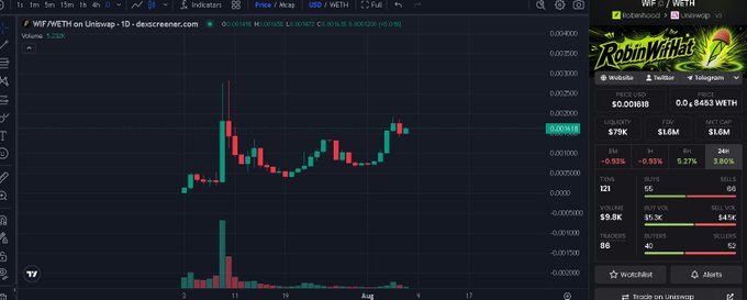 A TradingView chart displays the $WIF/WETH pair on Uniswap with the token priced around $0.0019, showing recent price action with a $79K market cap and $1.6M liquidity. A RobinWifHat NFT promotional sidebar appears on the right side, directly supporting the post's claim of supporting the RobinWifHat project despite $WIF's relatively low visibility in the crypto space.