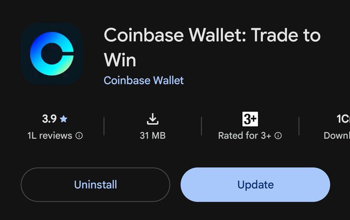 A Google Play Store listing for the Coinbase Wallet app titled "Coinbase Wallet: Trade to Win", showing a 3.9 star rating with 1L reviews, 31 MB size, rated for 3+, with Uninstall and Update buttons.