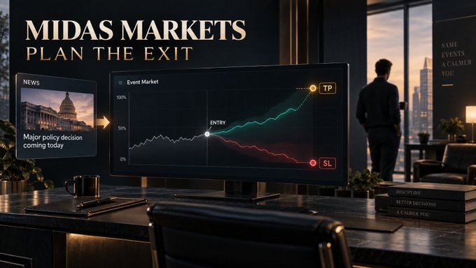 A promotional banner for 'MIDAS MARKETS' with the tagline 'PLAN THE EXIT' shows a stock chart on a monitor with Entry, TP (Take Profit), and SL (Stop Loss) markers, alongside a news card reading 'Major policy decision coming today.'