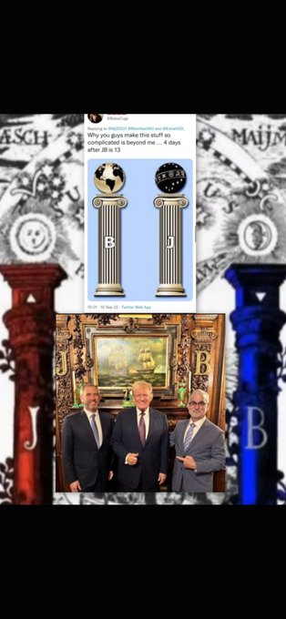 The image shows a tweet stating "Why you guys make this stuff so complicated is beyond me.... 4 days after JB is 13," depicting two pillars—one labeled "B" holding a globe and another labeled "J" holding a moon—above a photo of Trump standing with two other men between ornate pillars. The accompanying post draws connections between the "J" and "B" pillars, the 4-day timeframe, and lunar calendar movements to link the Trump photo to symbolic timing theories.