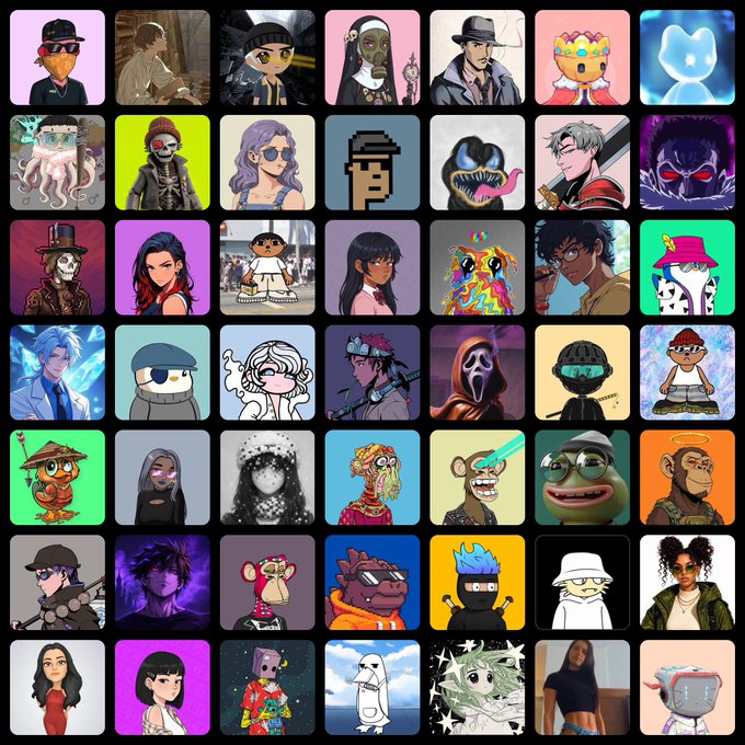 A grid displaying 48 colorful NFT-style profile pictures (PFPs) featuring various cartoon characters, animals, and stylized humans.