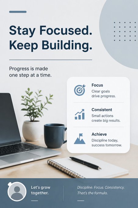 A motivational poster featuring a desk with a laptop and plant, with the text 'Stay Focused. Keep Building. Progress is made one step at a time.' and bullet points for 'Focus', 'Consistent', and 'Achieve'.