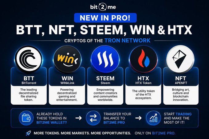 A Bit2Me PRO advertisement announcing new support for BTT, NFT, STEEM, WIN, and HTX cryptos on the TRON network, highlighting features like trading in Bit2Me Pro wallet.