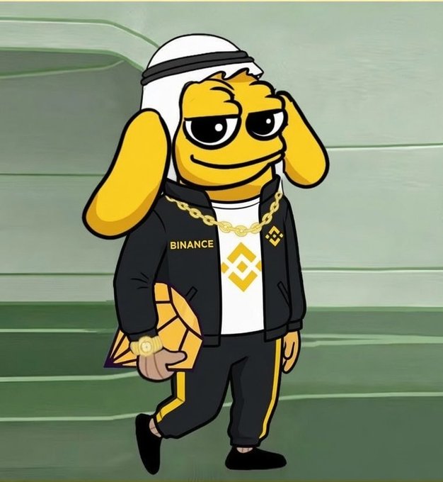 A cartoon illustration of a dog mascot wearing a 'BINANCE' tracksuit, gold chain, and white beanie, holding a gold Bitcoin-shaped object.