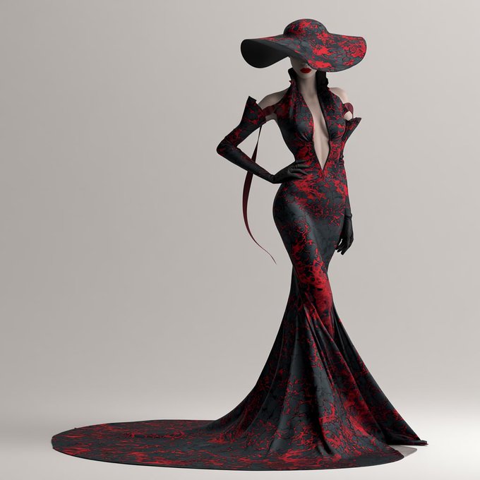 A 3D rendered image of a woman wearing an elegant red and black floral mermaid-style gown and a matching wide-brimmed hat.
