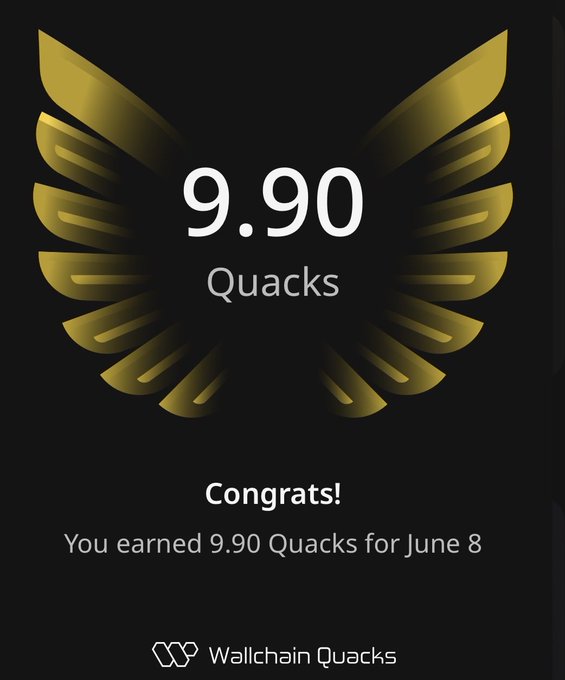 The image features a poster with an illustration of a bird's wing, which has gold accents and says "9.90 Quacks" written below it. The poster also displays a congratulatory message that reads "Congratulations! You earned 9.90 Quacks for June 8". The text on the poster is in black, making it stand out against the yellow background of the bird's wing illustration.