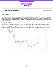 A chart titled "LTC Technical Outlook" by Delta Prophecy showing Litecoin's daily price action, noting bearish sentiment despite DGB remaining relatively unchanged.
