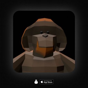 A low-poly 3D rendering of an orangutan's face is displayed on what appears to be an app icon, with an 'Available on the App Store' badge below.
