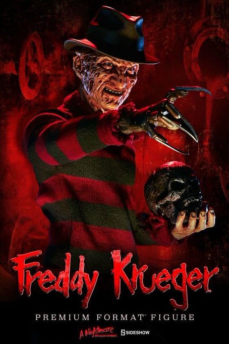 A promotional image for a Sideshow "Freddy Krueger" Premium Format Figure showing the character in his iconic striped sweater and fedora with a bladed glove, against a red background with his name in stylized text.