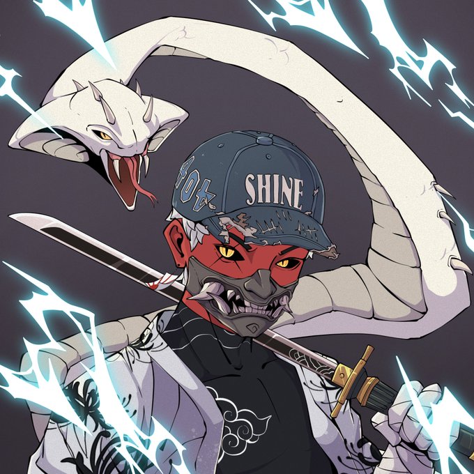 An anime-style illustration of a red-skinned demon character wearing a blue 'SHINE' cap and wielding a sword, accompanied by a white snake with lightning effects.