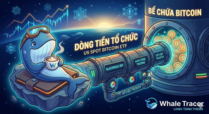 An illustrated graphic with Vietnamese text 'BỂ CHỨA BITCOIN' and 'DÒNG TIỀN TỔ CHỨC' featuring a cartoon whale drinking from a coffee cup, alongside industrial pipes labeled 'BLACKROCK IBIT' leading to a vault of Bitcoin coins, branded by 'Whale Tracer'.