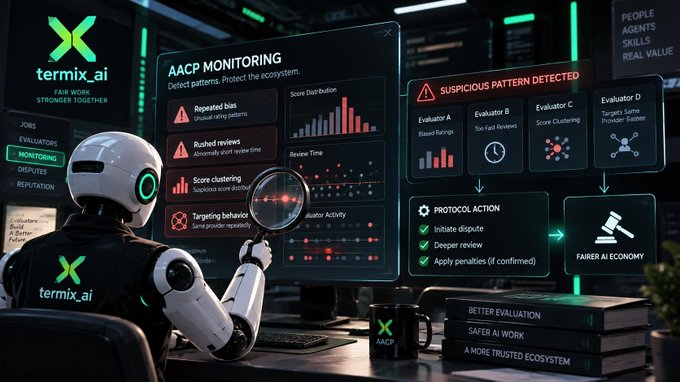 A digital illustration showing a robotic figure with a magnifying glass monitoring the 'AACP MONITORING' dashboard for termix_ai, detecting suspicious patterns with protocol actions for dispute initiation and review.