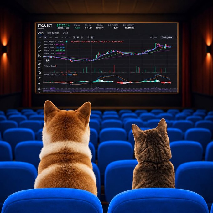 A Shiba Inu and a tabby cat sit in empty blue cinema seats watching a large screen displaying a BTC/USDT TradingView chart priced at 85,175.14, humorously embodying the "chartmaxxing before coffee" ritual of pre-market crypto stalking.