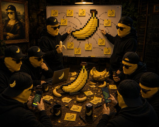 A group of individuals wearing yellow ski masks and black hoodies are gathered around a table, seemingly discussing a strategy board made of banana-shaped sticky notes. The image, with its pixelated banana motif, relates to the post's call for player feedback on Solana Mobile and desktop, promising in-game credit.
