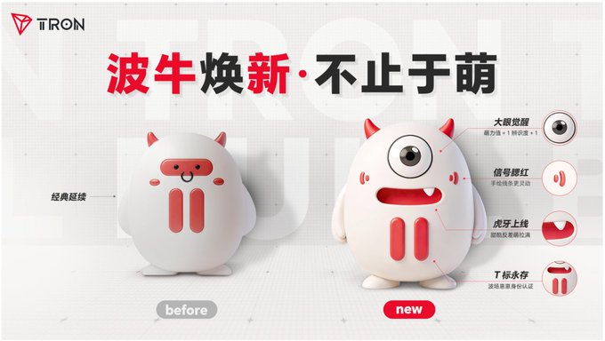 The image features a poster for a company called "TRON" with two different versions of a white, red, and black monster figurine displayed side by side. The first version has a smaller size compared to the second one. The text on the poster is in Chinese, which indicates that it might be targeting an international audience or showcasing products from another country.