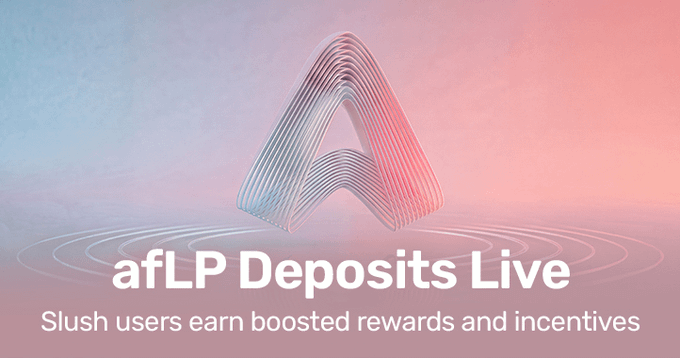 A pastel-toned promotional graphic featuring a 3D triangular logo made of layered metallic lines sits above concentric ripple waves, with bold white text reading "afLP Deposits Live" and the subtitle "Slush users earn boosted rewards and incentives," visually reinforcing the post's call to action to pre-deposit USDC into Slush for boosted rewards that will auto-migrate into afLP.