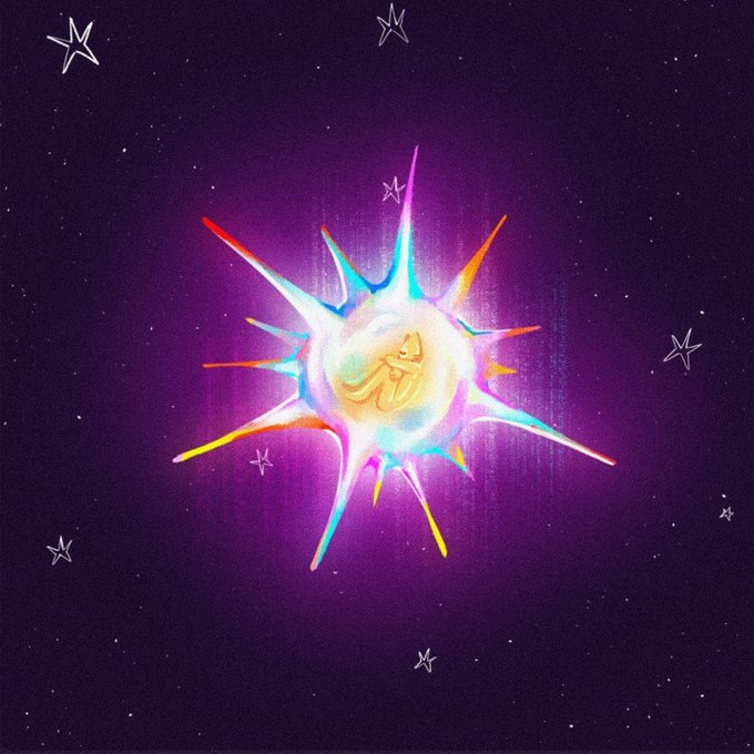 A digital illustration of a vibrant, multicolored glowing sun or starburst with rainbow rays against a deep purple starry night sky background.