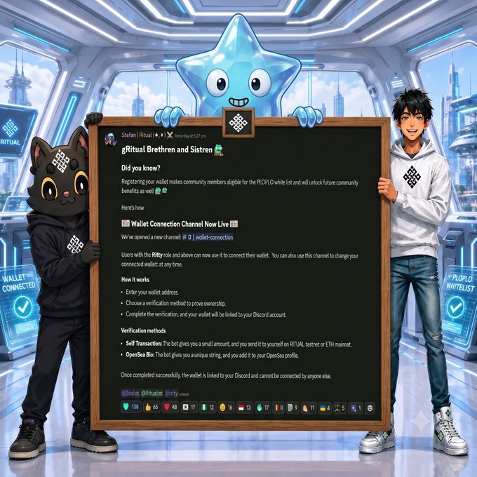 A Discord announcement post from "Stefan | Ritual" about "Ritual Brethren and Sistren" explaining a new Wallet Connection Channel for RITTY role holders, featuring anime-style characters and a mascot in a futuristic city setting.