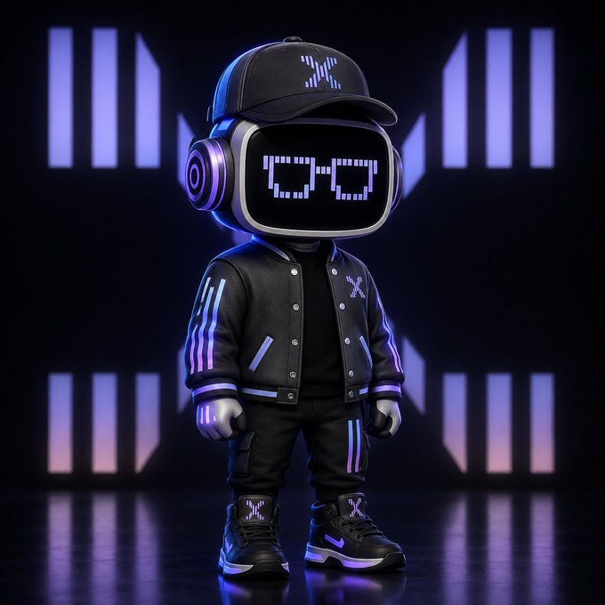 A 3D-rendered robot character wearing a black cap with an 'X' logo, a varsity jacket with purple stripes, black pants, and sneakers, with a digital face displaying rectangular eyes, set against a dark background with purple light bars.