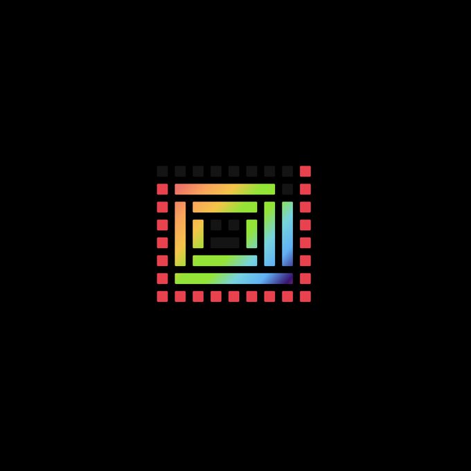 A colorful square logo with a rainbow gradient design resembling a microchip or circuit pattern surrounded by red squares, displayed on a black background.