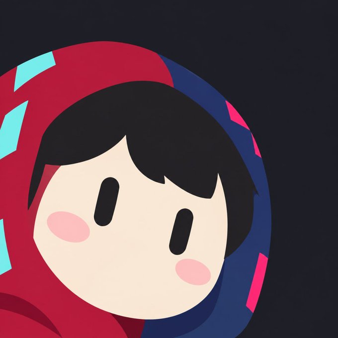 A minimalist cartoon character in a red and dark blue hooded cloak with a simple face featuring pink cheeks, set against a black background.