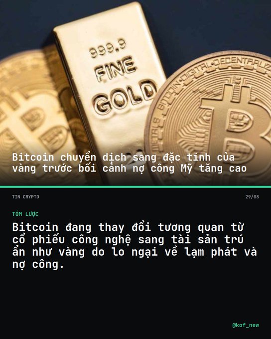 A news graphic in Vietnamese with gold bars and a Bitcoin, titled 'Bitcoin chuyển dịch sang đặc tính của vàng trước bối cảnh nợ công Mỹ tăng cao' discussing Bitcoin shifting toward safe-haven asset characteristics amid rising US debt.