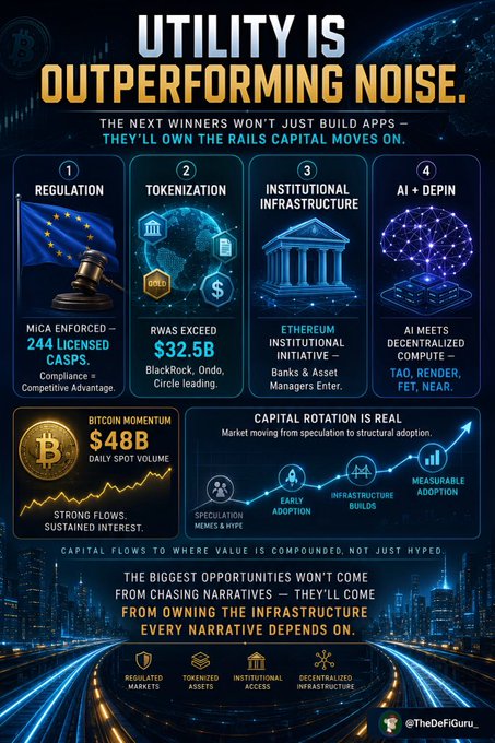 An infographic titled 'UTILITY IS OUTPERFORMING NOISE' by @TheDeFiGuru highlights four crypto themes: Regulation, Tokenization, Institutional Infrastructure, and AI + DePIN.