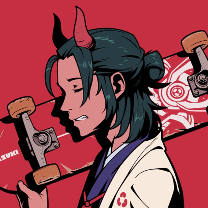 Anime-style illustration of a character with dark hair, red horns, and a kimono holding a skateboard with wheels visible, with the text 'IZUKI' on the left.