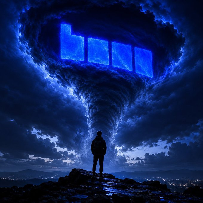 A dramatic, digitally-rendered scene showing a silhouetted person standing on a rocky cliff beneath a massive, swirling blue tornado illuminated from within, set against a dark night sky.