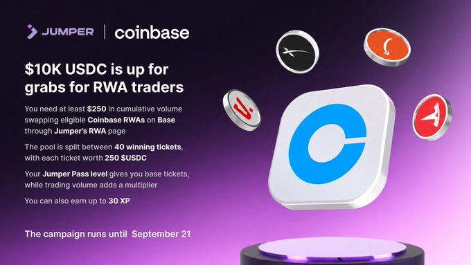 A Coinbase promotional graphic for Jumper announcing "$10K USDC is up for grabs for RWA traders" with details about the campaign running until September 21 and the Coinbase logo displayed prominently.