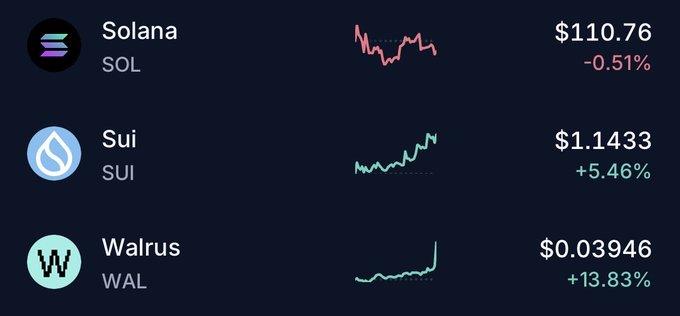 A cryptocurrency price tracker displaying Solana (SOL) at $110.76 (-0.51%), Sui (SUI) at $1.1433 (+5.46%), and Walrus (WAL) at $0.03946 (+13.83%) with corresponding sparkline charts.
