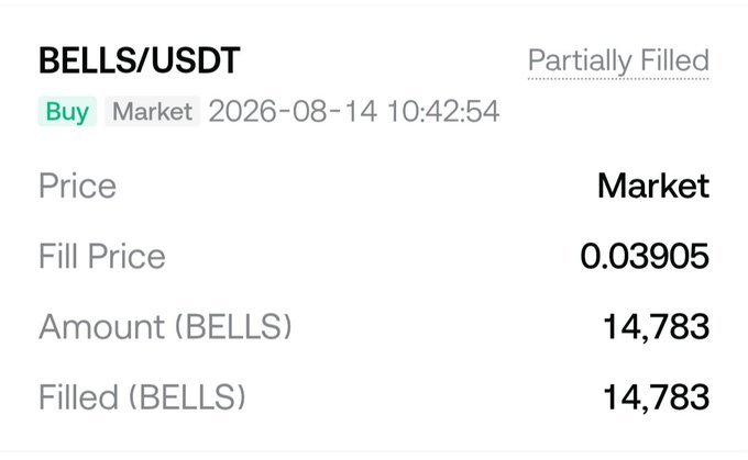 A trade confirmation showing a partially filled buy order for 14,783 BELLS/USDT tokens at a fill price of 0.03905, posted alongside a "Who's joining him?" caption suggesting an open invitation to others to participate in or follow the purchase.
