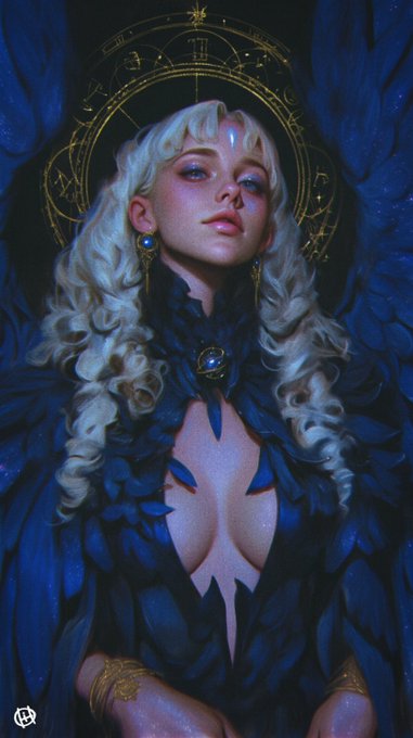 A fantasy digital artwork shows a pale, blonde-haired woman with elaborate curls and blue gemstone earrings, wearing a dark feathered garment with a revealing neckline, framed by dark blue wings and a golden circular halo with runic symbols.
